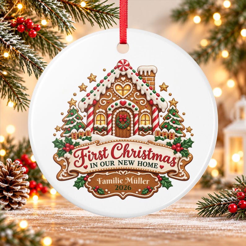 Gingerbread House Christmas Ornament 2026, First Christmas in Our New Home, Personalized Family Name, Flat Ceramic, Housewarming Gift image 1