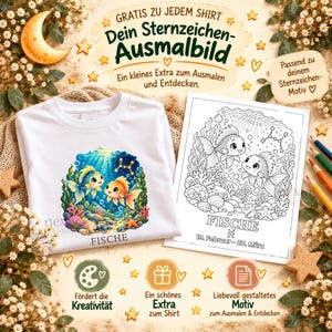 Puede incluir: Una camiseta blanca con un gr&aacute;fico submarino a color de dos peces y el texto FISCHE, acompa&ntilde;ada de una p&aacute;gina para colorear en blanco y negro con el mismo dise&ntilde;o de peces, el texto FISCHE y las fechas 19. Februar - 20. M&auml;rz.