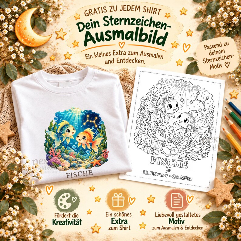 Puede incluir: Una camiseta blanca con un gr&aacute;fico submarino a color de dos peces y el texto FISCHE, acompa&ntilde;ada de una p&aacute;gina para colorear en blanco y negro con el mismo dise&ntilde;o de peces, el texto FISCHE y las fechas 19. Februar - 20. M&auml;rz.