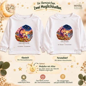 Puede incluir: Dos camisetas blancas de manga larga con una colorida ilustraci&oacute;n de un escorpi&oacute;n, un paisaje al atardecer y un cielo estrellado. Una camiseta muestra el texto "SKORPION" y la otra "OLIVER" con las fechas "24. Oktober &ndash; 21. November".