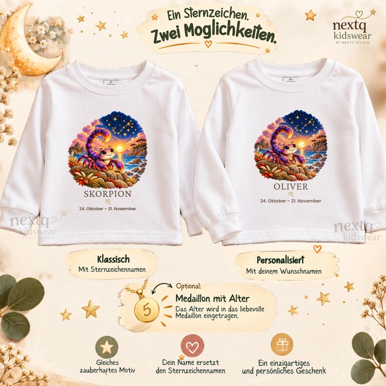 Puede incluir: Dos camisetas blancas de manga larga con una colorida ilustraci&oacute;n de un escorpi&oacute;n, un paisaje al atardecer y un cielo estrellado. Una camiseta muestra el texto "SKORPION" y la otra "OLIVER" con las fechas "24. Oktober &ndash; 21. November".