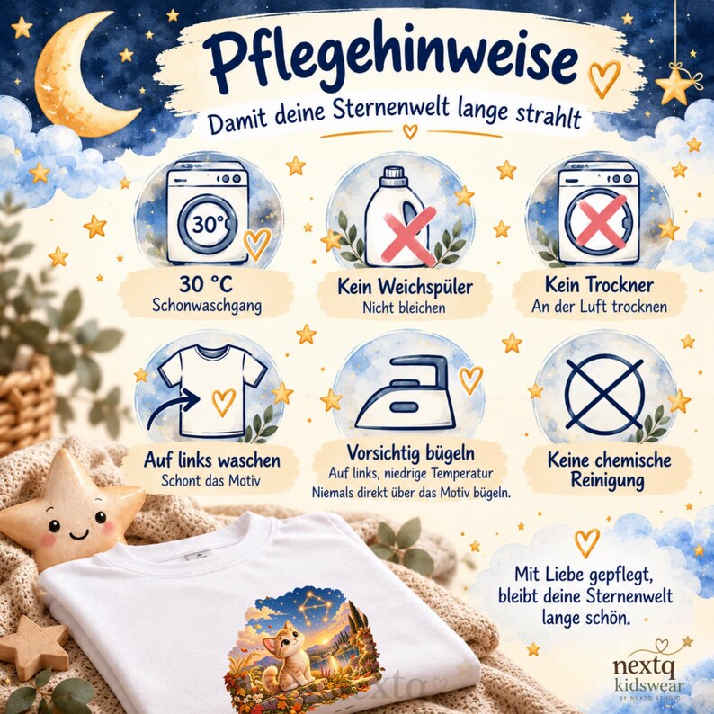 May include: An instructional graphic titled Pflegehinweise featuring icons for garment care: wash at 30 degrees Celsius, no fabric softener, no tumble drying, wash inside out, iron carefully, and no dry cleaning, with a white t-shirt below.