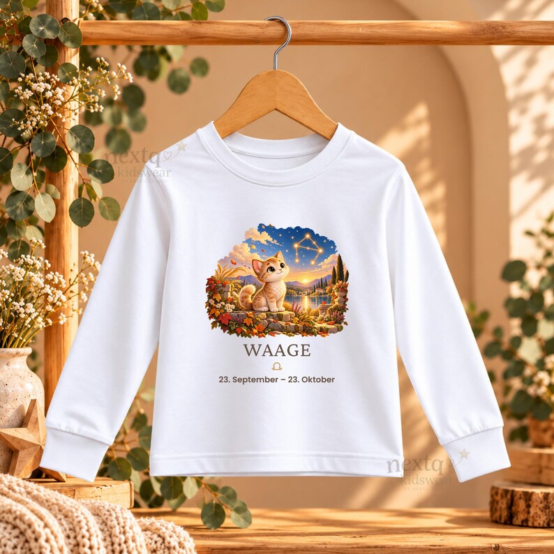 May include: A white long-sleeve shirt featuring a graphic of a small orange kitten sitting in a landscape with a starry sky and the Libra constellation. Below the image, the text reads WAAGE, the Libra symbol, and 23. September - 23. Oktober.
