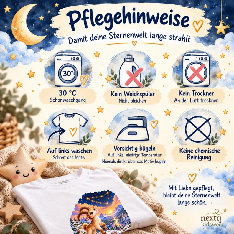 May include: An instructional graphic titled Pflegehinweise featuring icons for garment care: wash at 30 degrees Celsius, no fabric softener, no bleach, air dry, wash inside out, iron at low temperature, and no dry cleaning.