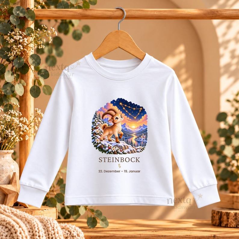 May include: A white long-sleeve shirt featuring a graphic of a cartoon ibex in a snowy mountain landscape under a starry sky. Below the illustration, the text reads STEINBOCK, the Capricorn symbol, and 22. Dezember - 19. Januar.