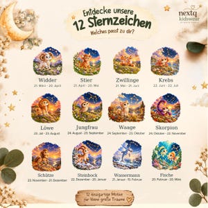Pode incluir: Um cartaz intitulado Entdecke unsere 12 Sternzeichen apresentando doze signos do zod&iacute;aco ilustrados com animais fofos e constela&ccedil;&otilde;es, incluindo Widder, Stier, Zwillinge, Krebs, L&ouml;we, Jungfrau, Waage, Skorpion, Sch&uuml;tze, Steinbock, Wassermann e Fische.