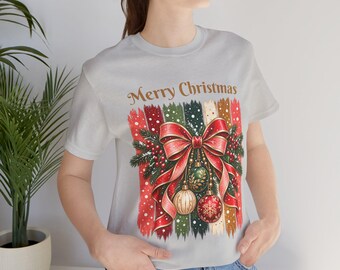 Merry Christmas T-Shirt Women, Bow and Stripes Christmas Shirt, Holiday Tee, Christmas Gift for Her, Mom, Sister, Friend