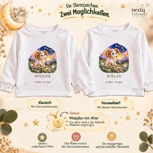 K&ouml;nnte beinhalten: Zwei wei&szlig;e Langarmshirts mit einem Widder-Motiv in einer Berglandschaft. Ein Shirt zeigt den Text WIDDER und das andere NIKLAS, jeweils mit den Daten 21. M&auml;rz &ndash; 19. April und dem Widder-Symbol. Enth&auml;lt eine Grafik eines goldenen Medaillons.