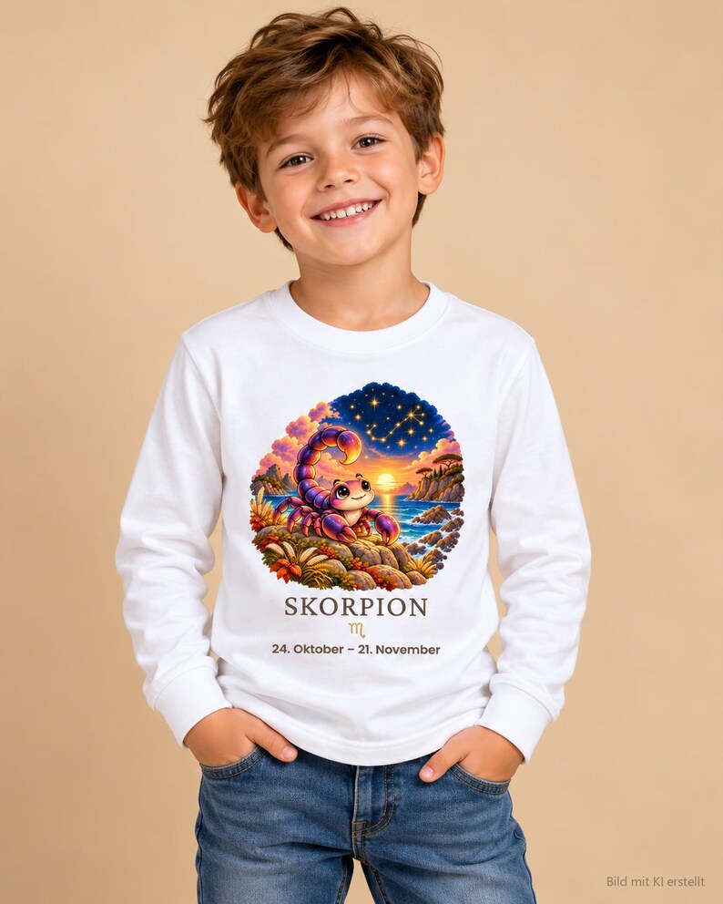Junge trägt Kinder-Langarmshirt mit Skorpion-Motiv aus „Deine kleine Sternenwelt“ (Bild mit KI erstellt)