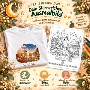 May include: A white t-shirt featuring a graphic of a kitten sitting in a landscape with the Libra constellation and the text WAAGE, accompanied by a matching coloring page with the same kitten, the text WAAGE, and the dates 23. September - 23. Oktober.