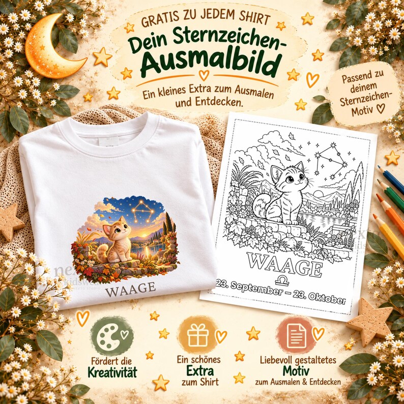 May include: A white t-shirt featuring a graphic of a kitten sitting in a landscape with the Libra constellation and the text WAAGE, accompanied by a matching coloring page with the same kitten, the text WAAGE, and the dates 23. September - 23. Oktober.