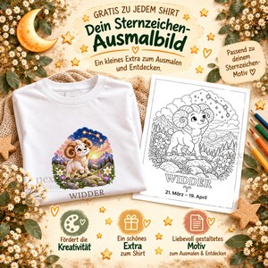 K&ouml;nnte beinhalten: Ein wei&szlig;es T-Shirt mit einer farbigen Illustration eines Widders und dem Text WIDDER, dazu ein passendes schwarz-wei&szlig;es Ausmalbild mit dem gleichen Widder-Motiv und dem Text WIDDER 21. M&auml;rz - 19. April.
