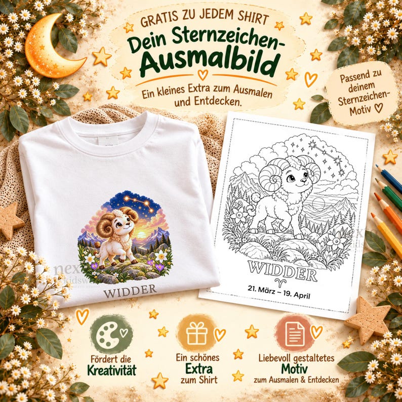 K&ouml;nnte beinhalten: Ein wei&szlig;es T-Shirt mit einer farbigen Illustration eines Widders und dem Text WIDDER, dazu ein passendes schwarz-wei&szlig;es Ausmalbild mit dem gleichen Widder-Motiv und dem Text WIDDER 21. M&auml;rz - 19. April.