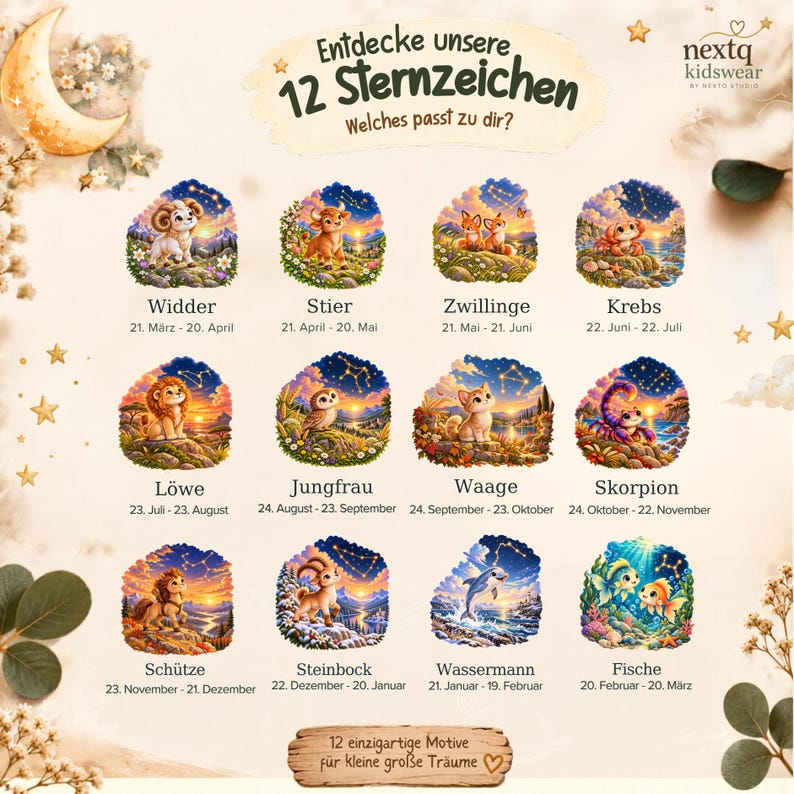 May include: A poster titled Entdecke unsere 12 Sternzeichen featuring twelve circular illustrations of zodiac animals with constellations, including a ram, bull, twins, crab, lion, owl, cat, scorpion, horse, goat, dolphin, and fish.