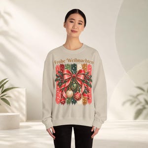 Weihnachtspullover Damen Frohe Weihnachten, Sweatshirt mit Schleife und Streifen, Weihnachtspulli Geschenk Frau Freundin Mama Bild 9