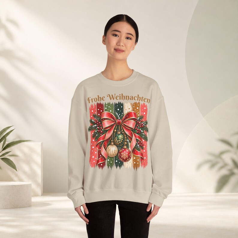 Weihnachtspullover Damen Frohe Weihnachten, Sweatshirt mit Schleife und Streifen, Weihnachtspulli Geschenk Frau Freundin Mama Bild 9