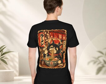 Kawaii Ramen Cat Back Print Shirt, Vintage Japanese Tuxedo Cat Eating Noodles Tee, Anime Foodie Gift for Cat Lover, Retro Japan Art