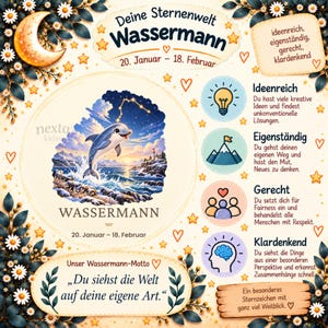 May include: A decorative poster featuring the Aquarius zodiac sign, titled Wassermann, with a dolphin jumping over ocean waves, a constellation, a crescent moon, and text describing personality traits like creative and independent.
