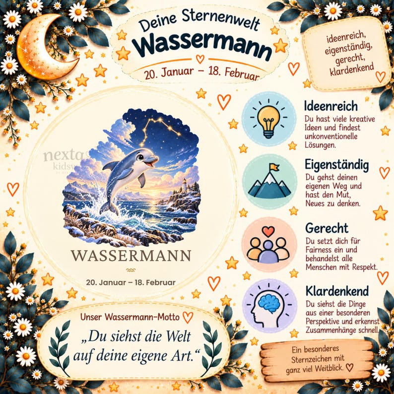 May include: A decorative poster featuring the Aquarius zodiac sign, titled Wassermann, with a dolphin jumping over ocean waves, a constellation, a crescent moon, and text describing personality traits like creative and independent.