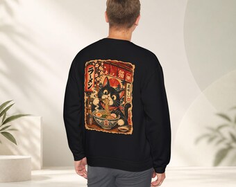 Kawaii Ramen Cat Back Print Sweatshirt, Vintage Japanese Tuxedo Cat Crewneck, Anime Foodie Gift for Cat Lover, Retro Japan Pullover