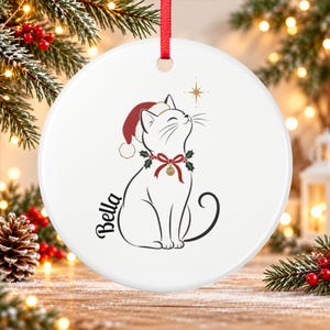 Personalized Cat Christmas Ornament with Name, Elegant Cat in Santa Hat, Flat Ceramic Tree Ornament, Gift for Cat Lovers and Cat Moms image 1