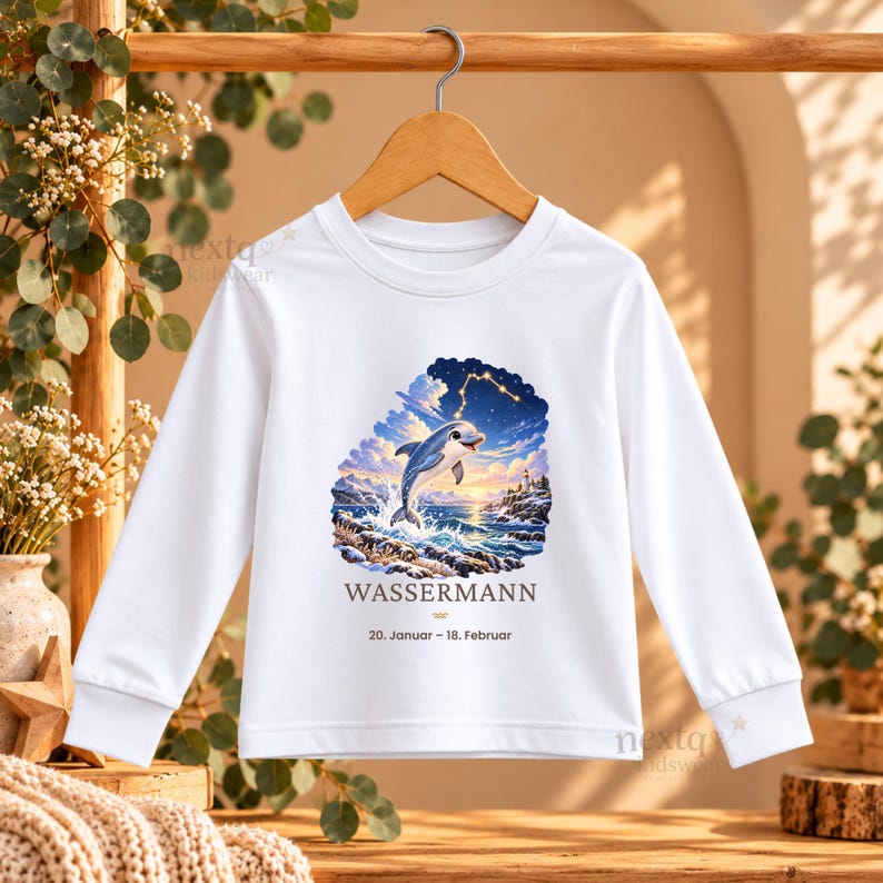 May include: A white long-sleeve shirt featuring a graphic of a dolphin leaping from ocean waves under a starry sky with a lighthouse. Below the graphic, the text reads WASSERMANN and 20. Januar - 18. Februar in black lettering.