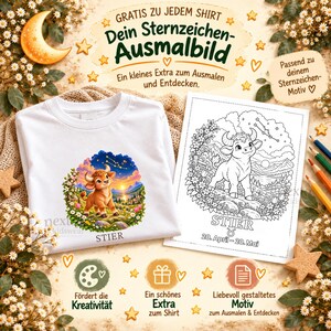 K&ouml;nnte beinhalten: Ein wei&szlig;es T-Shirt mit einer farbigen Illustration eines Stiers in einer Landschaft und dem Text STIER, dazu ein passendes schwarz-wei&szlig;es Ausmalbild mit dem Text STIER 20. April - 20. Mai sowie weiterem deutschem Text.