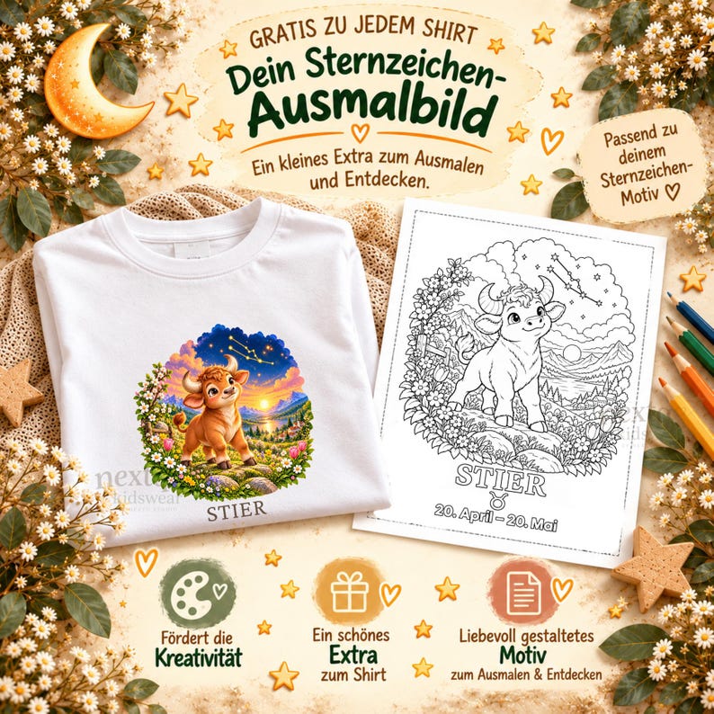 K&ouml;nnte beinhalten: Ein wei&szlig;es T-Shirt mit einer farbigen Illustration eines Stiers in einer Landschaft und dem Text STIER, dazu ein passendes schwarz-wei&szlig;es Ausmalbild mit dem Text STIER 20. April - 20. Mai sowie weiterem deutschem Text.