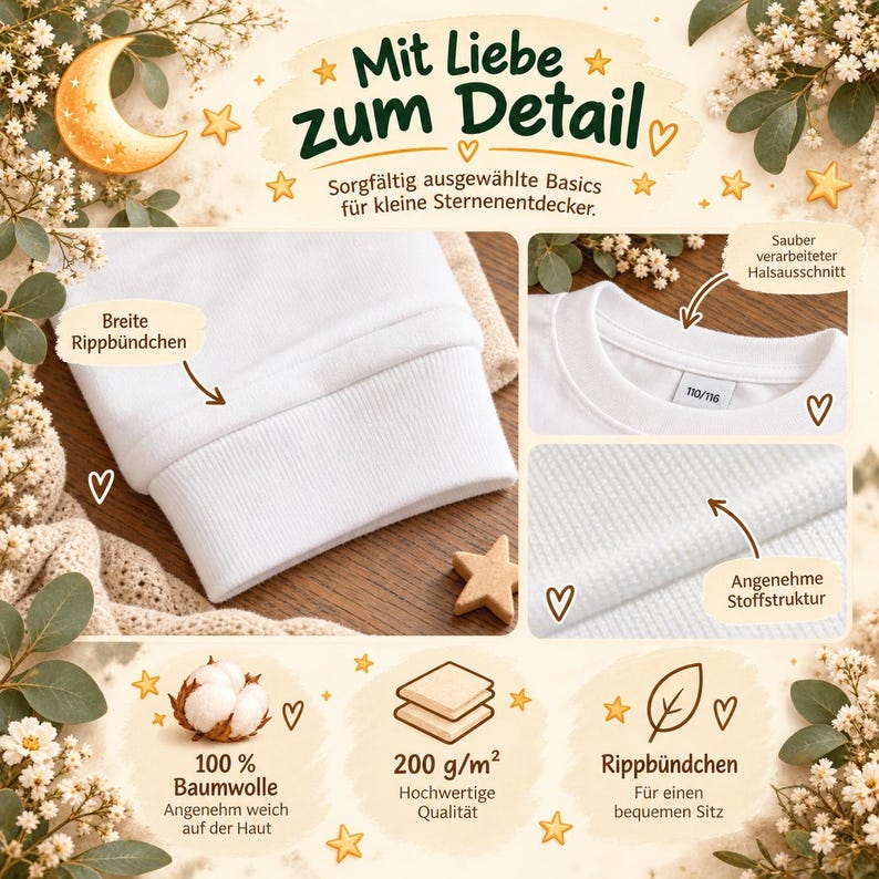 Pode incluir: Uma camisa branca de manga comprida com punhos canelados largos, um decote limpo e tecido texturizado. A imagem inclui texto em alem&atilde;o: Mit Liebe zum Detail, Sorgf&auml;ltig ausgew&auml;hlte Basics f&uuml;r kleine Sternenentdecker, 100% Baumwolle, 200 g/m2 e Rippb&uuml;ndchen.