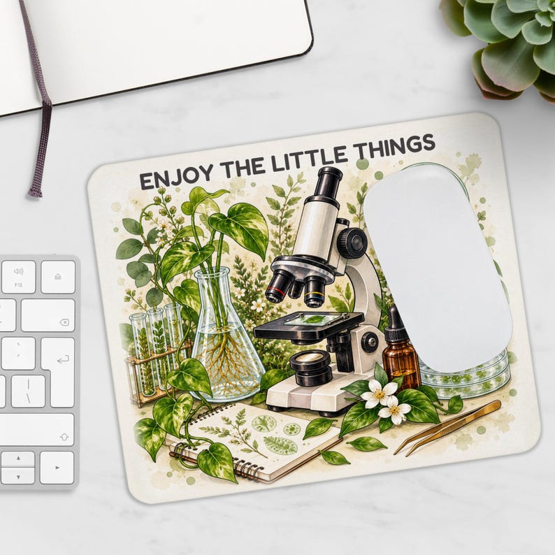 Biology Mouse Pad, Enjoy the Little Things Microscope Mousepad, Botanical Lab Desk Decor, Gift for Biologist, Lab Tech, Teacher image 3