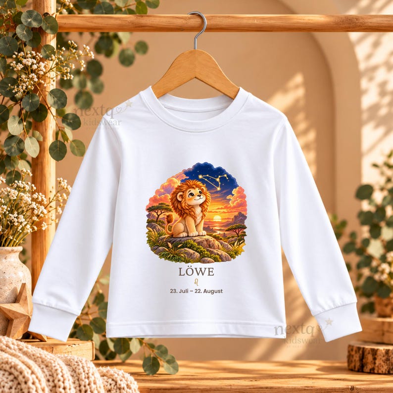 May include: A white long-sleeve shirt featuring a graphic of a cartoon lion sitting on a rock at sunset. Below the illustration, the text reads L&Ouml;WE, the Leo zodiac symbol, and the date range 23. Juli &ndash; 22. August in black lettering.