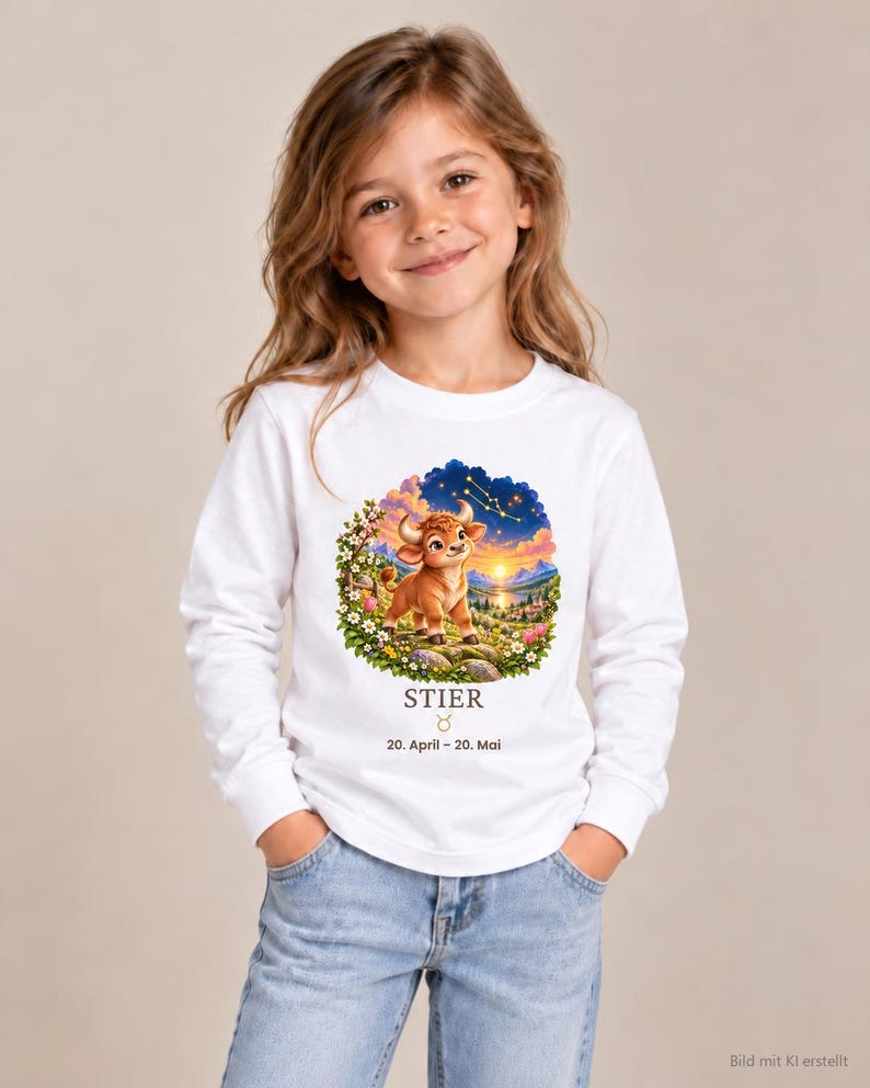 Kind trägt Kinder-Langarmshirt mit Stier-Motiv aus „Deine kleine Sternenwelt“ (Bild mit KI erstellt)