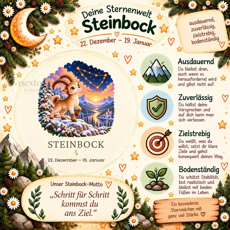 May include: A Capricorn zodiac poster featuring a cartoon ibex, a mountain landscape, and the text "Deine Sternenwelt Steinbock 22. Dezember &ndash; 19. Januar". It includes four circular icons with descriptions of traits like endurance, reliability, ambition, and stability.