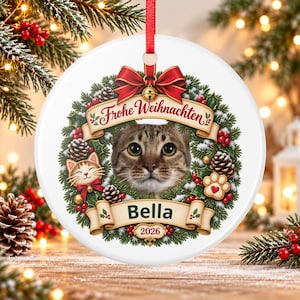 German Cat Photo Christmas Ornament 2026 Frohe Weihnachten, Personalized Cat Name, Flat Ceramic, Gift for Cat Lovers and Cat Moms image 1