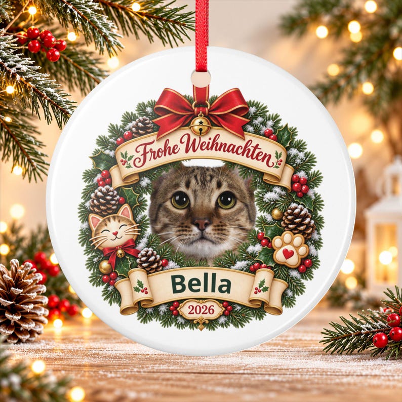German Cat Photo Christmas Ornament 2026 Frohe Weihnachten, Personalized Cat Name, Flat Ceramic, Gift for Cat Lovers and Cat Moms image 1