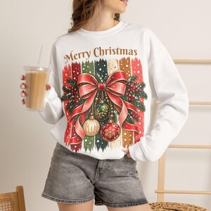 Suéter navideño para mujer, suéter navideño con lazo y rayas, sudadera navideña de regalo para mujer, novia o mamá.