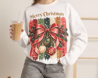 Wesoły sweter świąteczny dla kobiet, świąteczny sweter z kokardą i paskami, świąteczny prezent w postaci bluzy dla kobiety, dziewczyny lub mamy