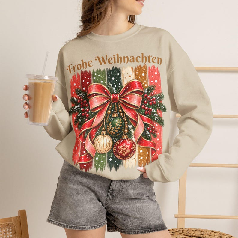 Weihnachtspullover Damen Frohe Weihnachten, Sweatshirt mit Schleife und Streifen, Weihnachtspulli Geschenk Frau Freundin Mama Bild 3