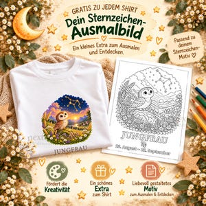 May include: A white t-shirt featuring a colorful owl and constellation graphic with the text JUNGFRAU, accompanied by a matching black and white coloring page for the Virgo zodiac sign, dated August 23 to September 22.