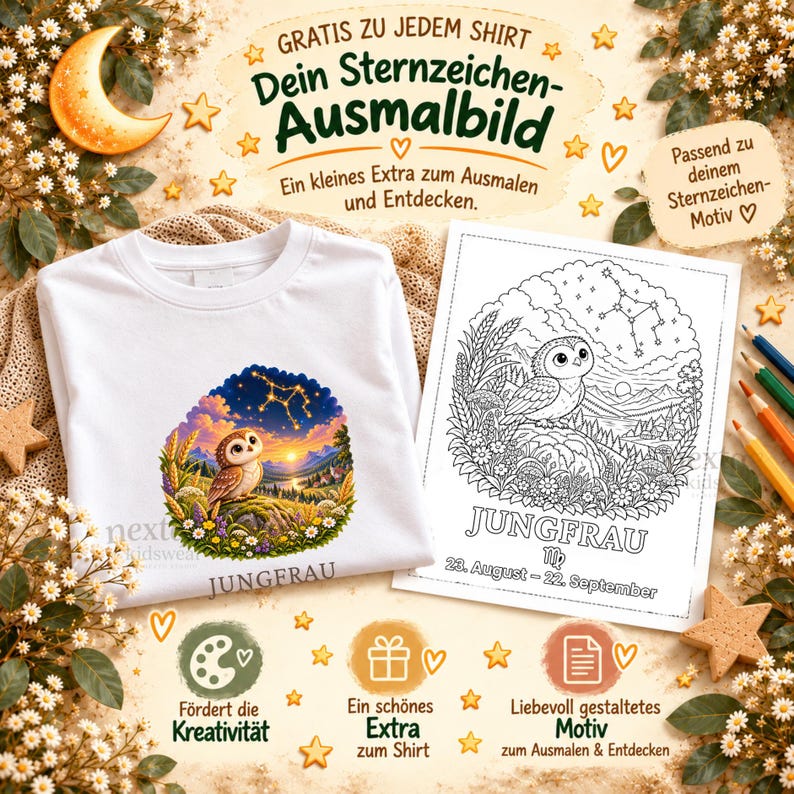 May include: A white t-shirt featuring a colorful owl and constellation graphic with the text JUNGFRAU, accompanied by a matching black and white coloring page for the Virgo zodiac sign, dated August 23 to September 22.