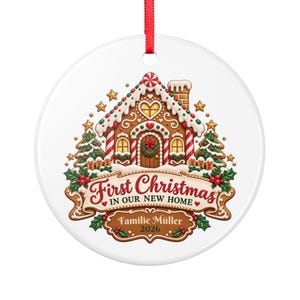 Gingerbread House Christmas Ornament 2026, First Christmas in Our New Home, Personalized Family Name, Flat Ceramic, Housewarming Gift image 2
