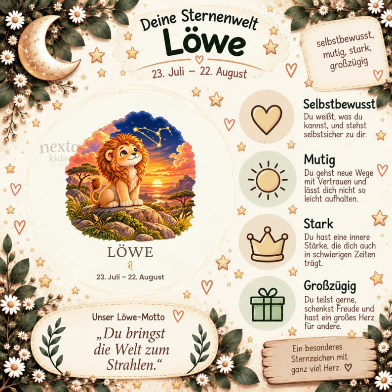 May include: A decorative poster featuring a lion cub illustration, the text "Deine Sternenwelt L&ouml;we", "23. Juli &ndash; 22. August", and descriptive German words like "Selbstbewusst", "Mutig", "Stark", and "Gro&szlig;z&uuml;gig" with icons of a heart, sun, crown, and gift.