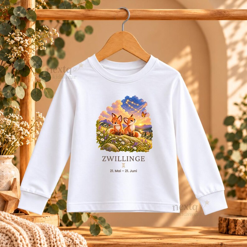 Pode incluir: Uma camisola branca de manga comprida com um gr&aacute;fico de duas raposas sentadas num campo sob um c&eacute;u ao p&ocirc;r do sol com uma constela&ccedil;&atilde;o. Abaixo do gr&aacute;fico, o texto diz ZWILLINGE, o s&iacute;mbolo de G&eacute;meos e 21. Mai &ndash; 21. Juni.