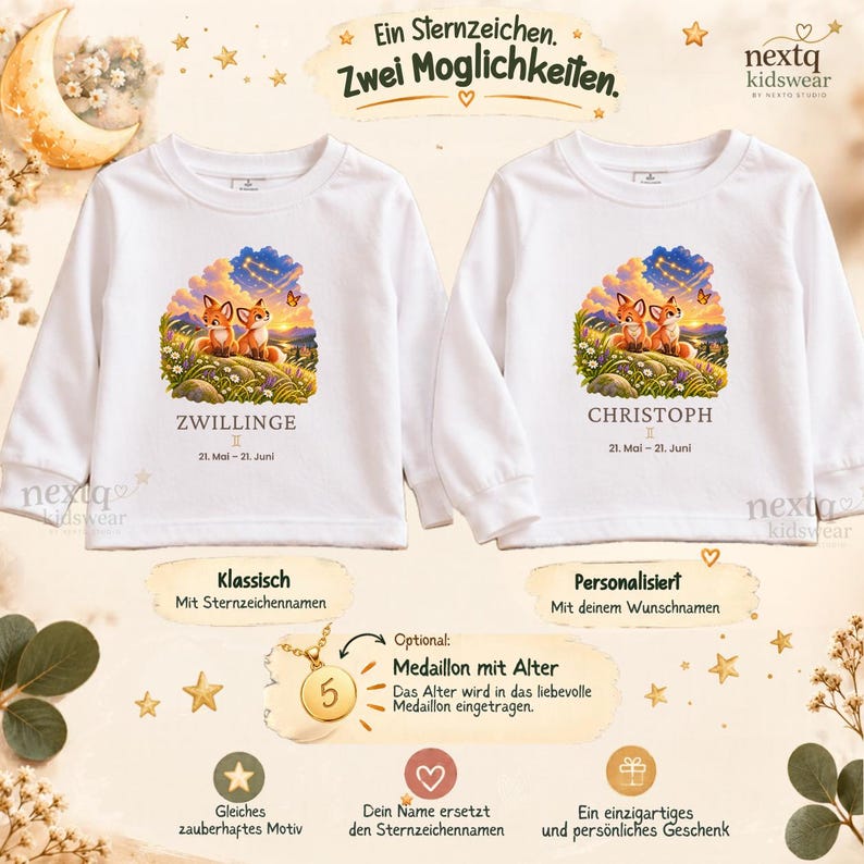 Pode incluir: Duas camisolas brancas de manga comprida com um gr&aacute;fico de duas raposas num campo sob um c&eacute;u estrelado. A camisola da esquerda apresenta o texto ZWILLINGE e a da direita o texto CHRISTOPH, ambas com as datas 21. Mai &ndash; 21. Juni.