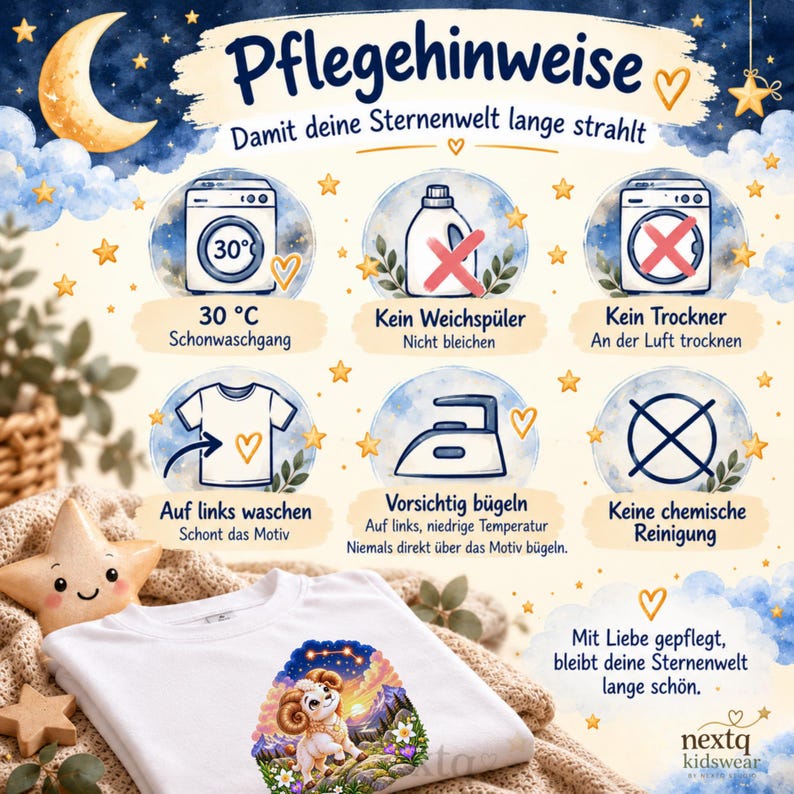 K&ouml;nnte beinhalten: Eine Pflegeanleitung mit der &Uuml;berschrift Pflegehinweise und einem wei&szlig;en T-Shirt mit Widder-Motiv. Symbole zeigen 30 Grad W&auml;sche, keinen Weichsp&uuml;ler, nicht in den Trockner, auf links waschen, vorsichtig b&uuml;geln und keine chemische Reinigung.