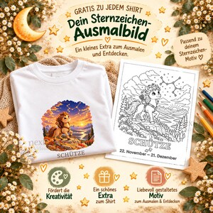May include: A white t-shirt featuring a colorful illustration of a pony in a landscape with a constellation above, labeled SCH&Uuml;TZE. Beside it is a matching black and white coloring page with the same pony and the text SCH&Uuml;TZE 22. November &ndash; 21. Dezember.