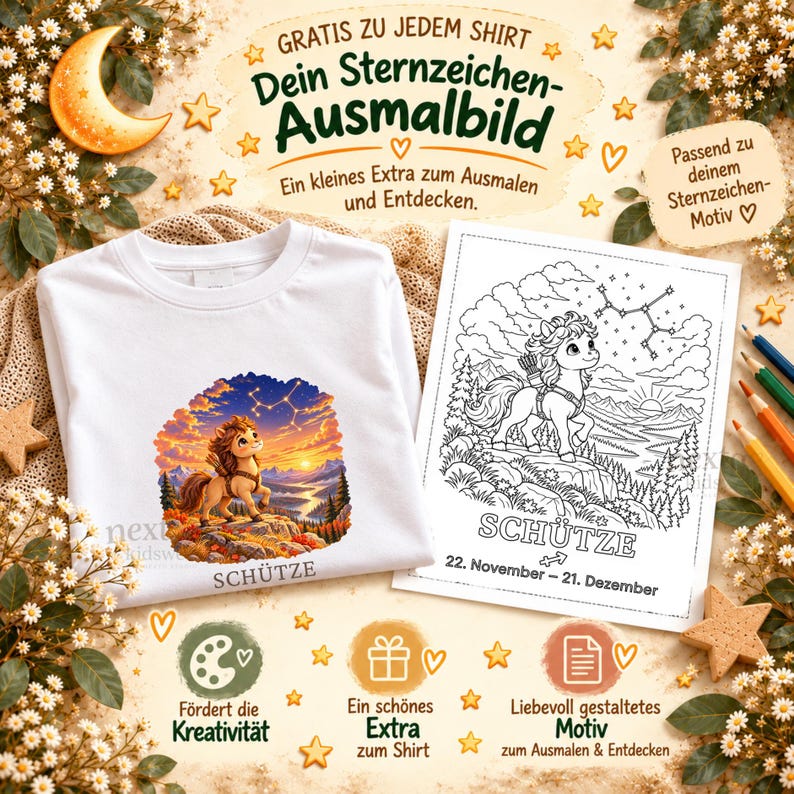 May include: A white t-shirt featuring a colorful illustration of a pony in a landscape with a constellation above, labeled SCH&Uuml;TZE. Beside it is a matching black and white coloring page with the same pony and the text SCH&Uuml;TZE 22. November &ndash; 21. Dezember.