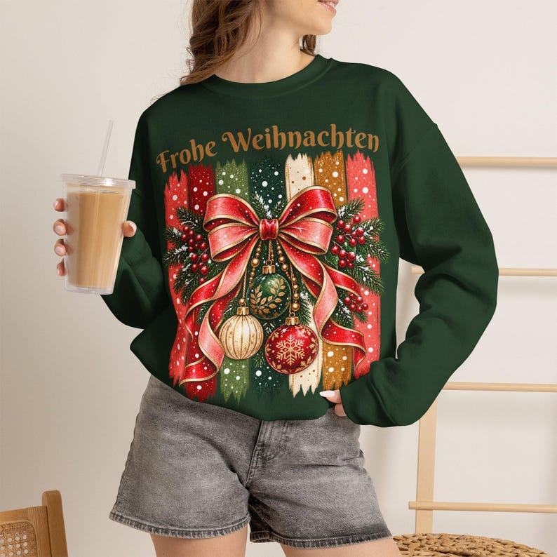 Weihnachtspullover Damen Frohe Weihnachten, Sweatshirt mit Schleife und Streifen, Weihnachtspulli Geschenk Frau Freundin Mama Bild 5