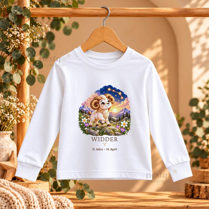 K&ouml;nnte beinhalten: Ein wei&szlig;es Langarmshirt mit einer Grafik eines Widders auf einem felsigen H&uuml;gel mit Blumen, Bergen und einem Sternenhimmel. Unter der Illustration steht der Text WIDDER, das Widder-Symbol und 21. M&auml;rz &ndash; 19. April.