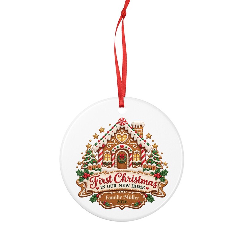 Gingerbread House Christmas Ornament 2026, First Christmas in Our New Home, Personalized Family Name, Flat Ceramic, Housewarming Gift image 4